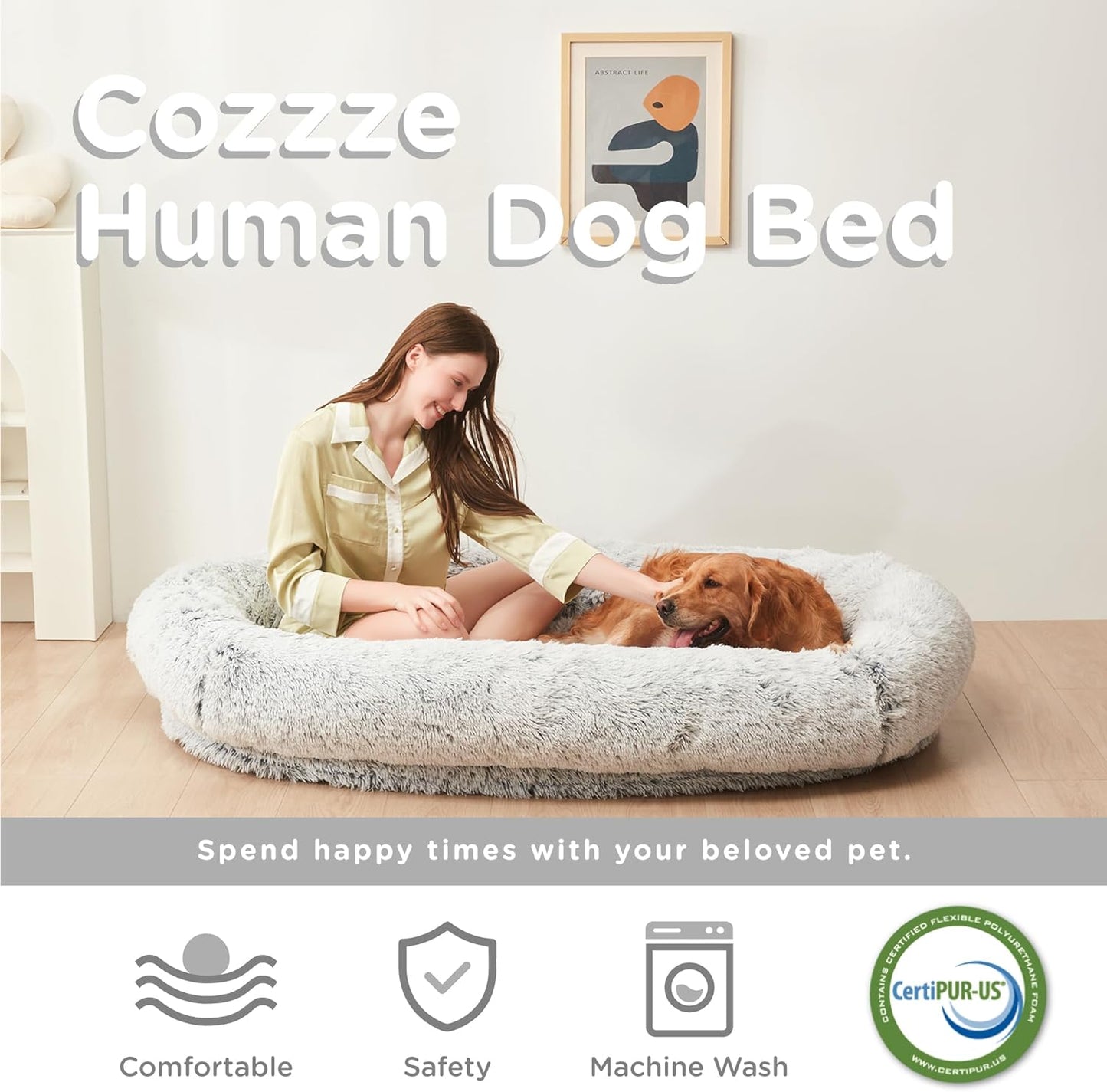 Human Dog Bed for Humans - Giant Washable Dog Bed with Fluffy Faux Fur Cover, 72"x48"x11" with Soft Blanket, Large Bean Bag Bed for Families, Light Grey