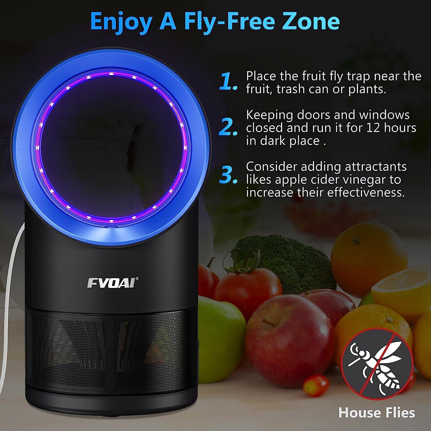 Indoor Fruit Fly Trap - Bug Zapper with Suction, Timer, Bug Light & 10 Sticky Glue Boards (Blue)