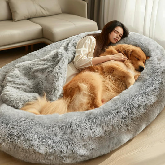 Human Dog Bed for Humans - Giant Washable Dog Bed with Fluffy Faux Fur Cover, 72"x48"x11" with Soft Blanket, Large Bean Bag Bed for Families, Light Grey