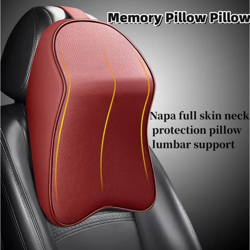 3D Nappa Leather Memory Foam Car Neck Pillow - Headrest Support for Pain Relief & Travel Comfort