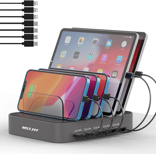 Charging Station for Multiple Devices, 5 Port USB-A Charger with Power Switch for iPhone, iPad, Cell Phones, Tablets (Gray, 7 Mixed Short Cables Included)