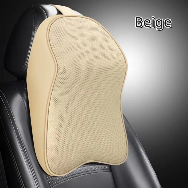 3D Nappa Leather Memory Foam Car Neck Pillow - Headrest Support for Pain Relief & Travel Comfort