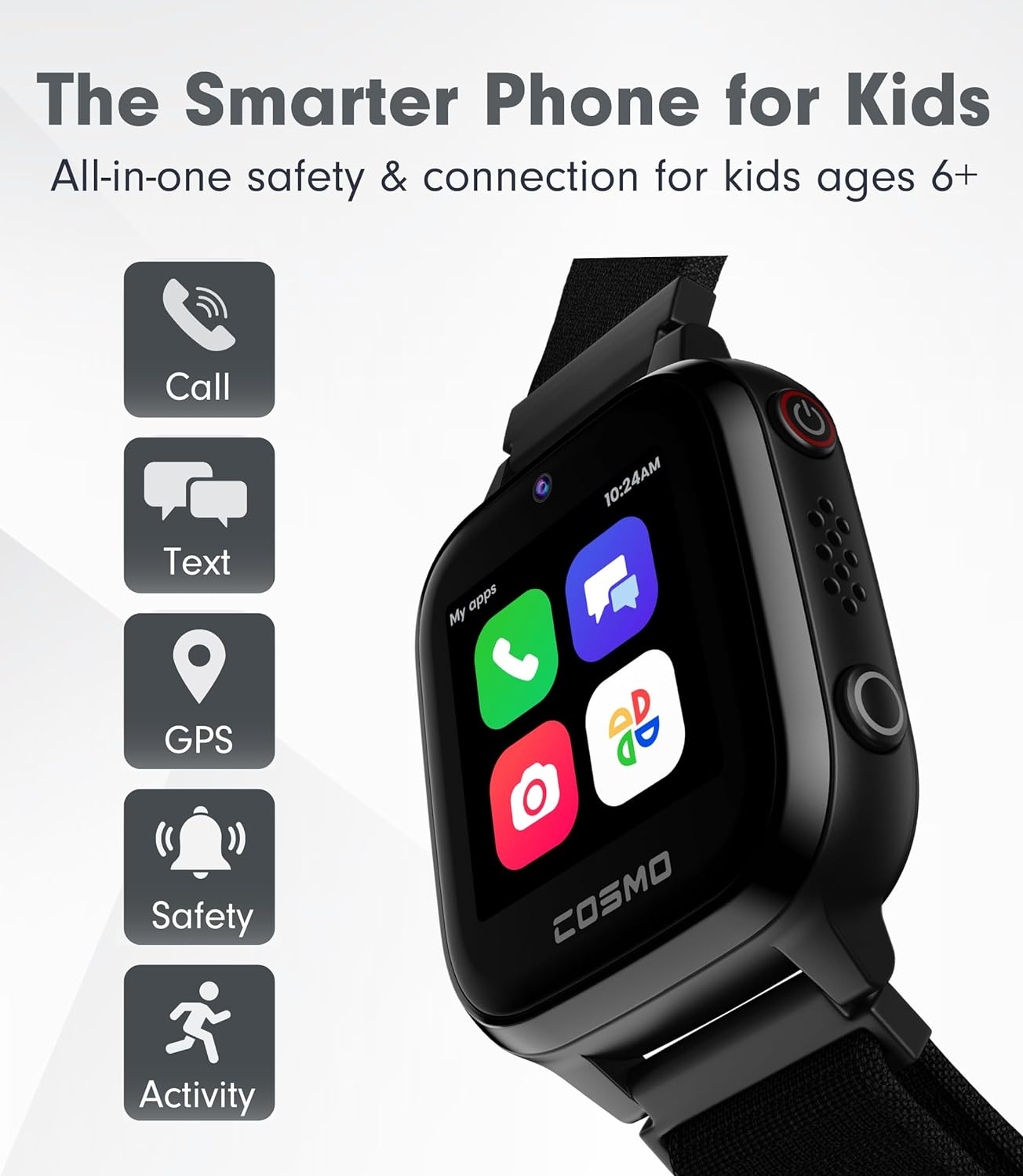 COSMO 3 Smart Watch for Kids - Phone Watch & GPS Tracker, Calling, Texting, Camera, School Mode, SOS Alerts, SIM Card Included (Black)