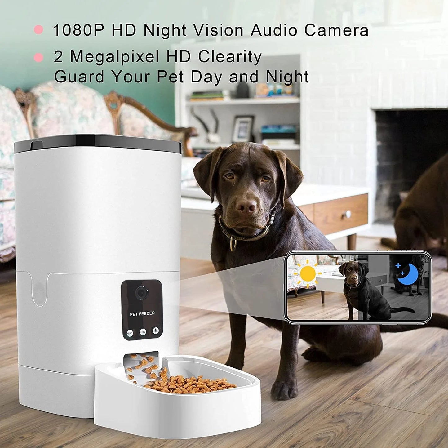 Pet Feeder, 6L Automatic Pet Feeder for Cats and Dogs, 1080P Camera, App Control, Voice Recorder, Timed Feeder for Scheduled Feeding, Dual Power Supply, WiFi Pet Food Dispenser with App Control