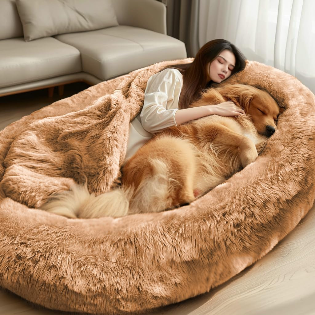 Human Dog Bed for Humans - Giant Washable Dog Bed with Fluffy Faux Fur Cover, 72"x48"x11" with Soft Blanket, Large Bean Bag Bed for Families, Light Grey