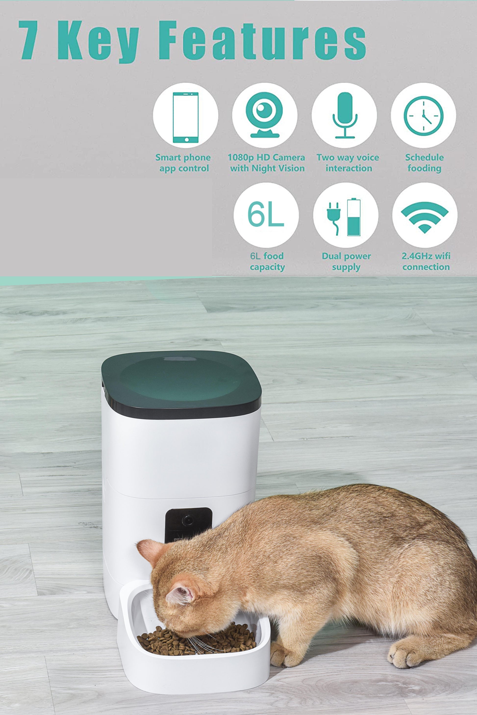 Pet Feeder, 6L Automatic Pet Feeder for Cats and Dogs, 1080P Camera, App Control, Voice Recorder, Timed Feeder for Scheduled Feeding, Dual Power Supply, WiFi Pet Food Dispenser with App Control