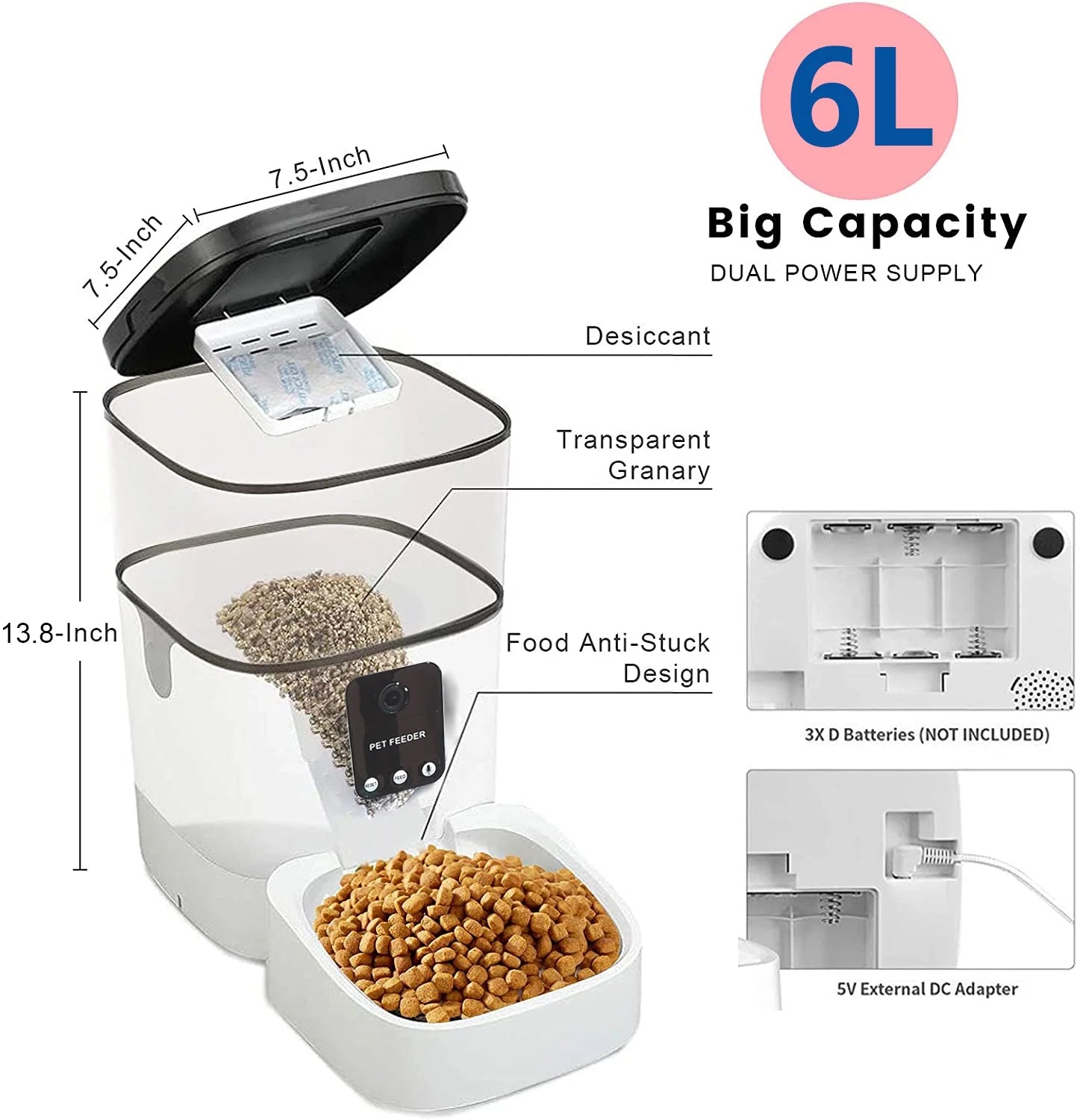 Pet Feeder, 6L Automatic Pet Feeder for Cats and Dogs, 1080P Camera, App Control, Voice Recorder, Timed Feeder for Scheduled Feeding, Dual Power Supply, WiFi Pet Food Dispenser with App Control