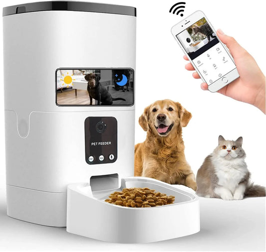 Pet Feeder, 6L Automatic Pet Feeder for Cats and Dogs, 1080P Camera, App Control, Voice Recorder, Timed Feeder for Scheduled Feeding, Dual Power Supply, WiFi Pet Food Dispenser with App Control