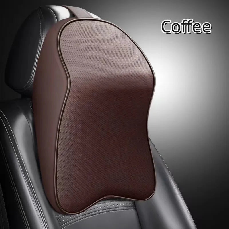 3D Nappa Leather Memory Foam Car Neck Pillow - Headrest Support for Pain Relief & Travel Comfort