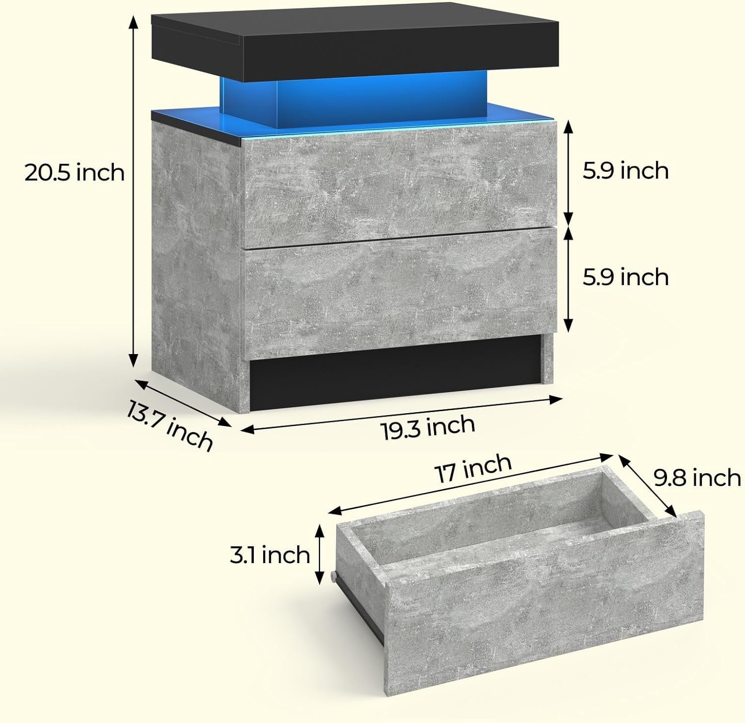 Bedside Table with 2 Drawers, LED Nightstand Wooden Cabinet Unit with LED Lights for Bedroom, End Table Side Table for Bedroom Living Room, Grey