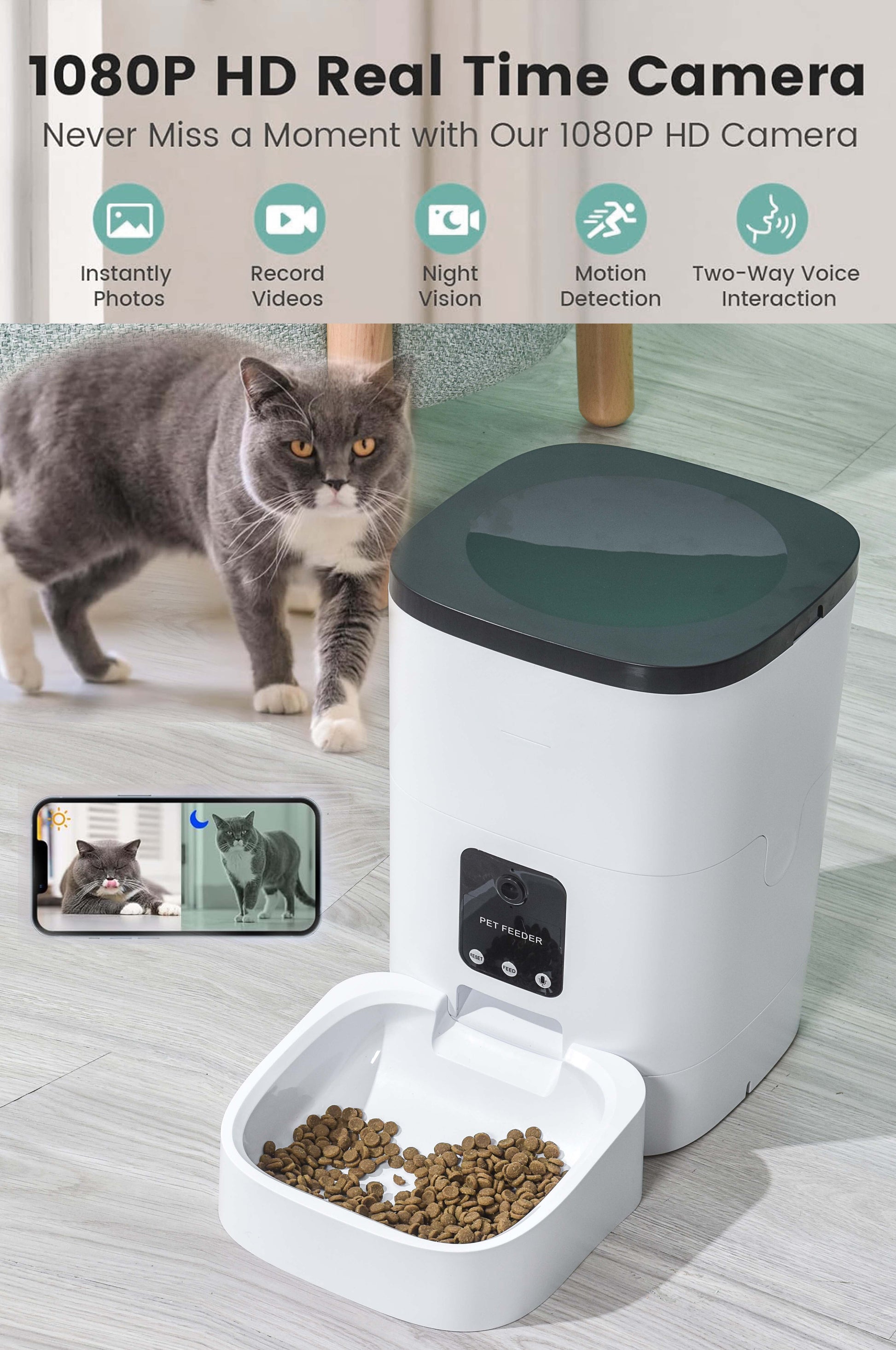 Pet Feeder, 6L Automatic Pet Feeder for Cats and Dogs, 1080P Camera, App Control, Voice Recorder, Timed Feeder for Scheduled Feeding, Dual Power Supply, WiFi Pet Food Dispenser with App Control