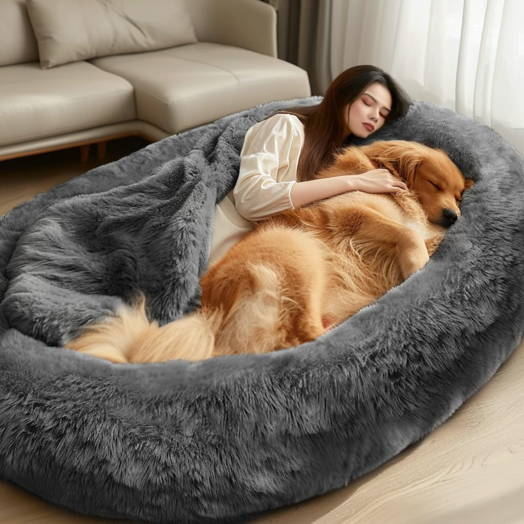 Human Dog Bed for Humans - Giant Washable Dog Bed with Fluffy Faux Fur Cover, 72"x48"x11" with Soft Blanket, Large Bean Bag Bed for Families, Light Grey